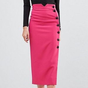 ASOS Magenta Midi Skirt with Black Button Detail